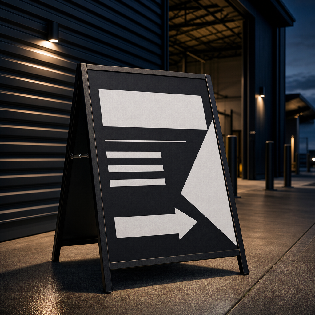 A-frame sign layout with a clear message hierarchy
