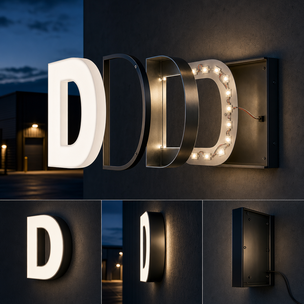 Exploded diagram showing the parts of a front-lit channel letter