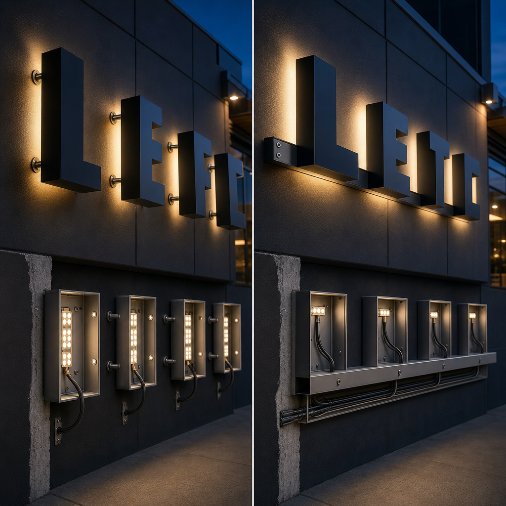 Direct-mounted channel letters compared with raceway-mounted letters