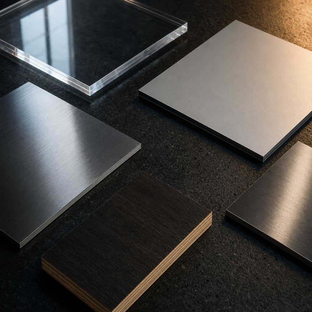 Comparison of acrylic, ACM, aluminium, stainless and timber signage material samples