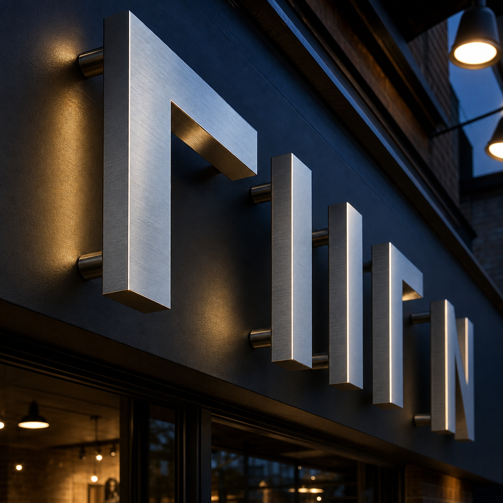 Brushed aluminium 3D letters mounted on a shopfront fascia