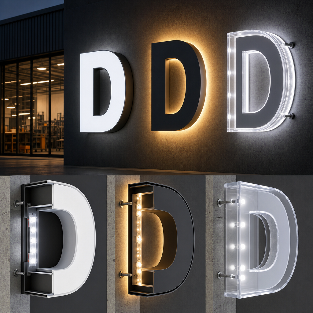 Cross-section diagram comparing face-lit, halo-lit and push-through illuminated letters