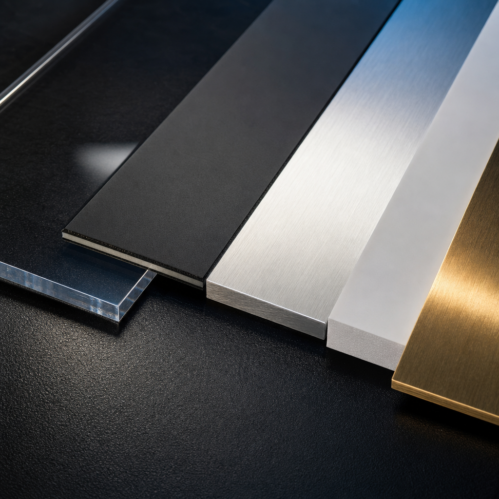 Flat-lay of acrylic, aluminium composite, aluminium and brass signage materials