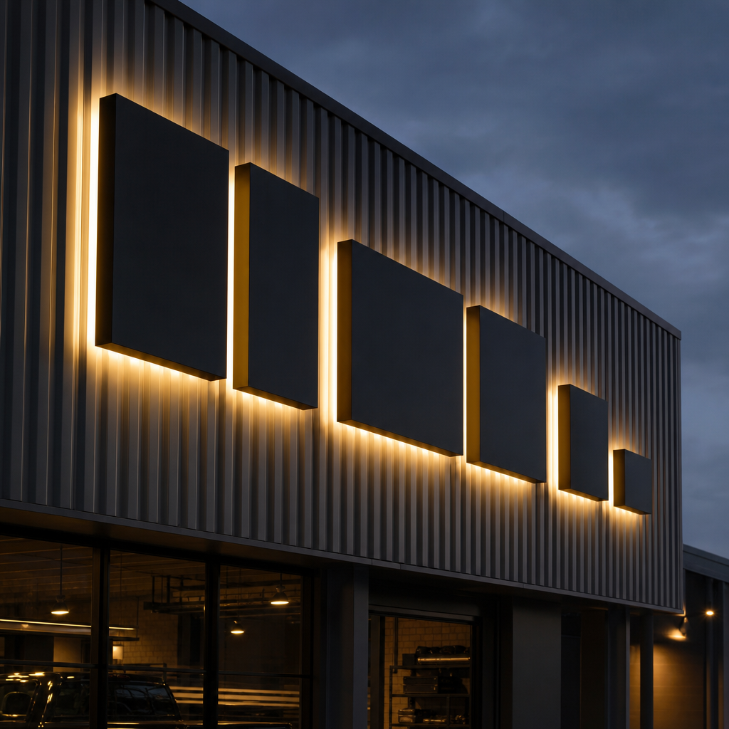 Halo-lit 3D shopfront letters illuminated on a building facade at dusk