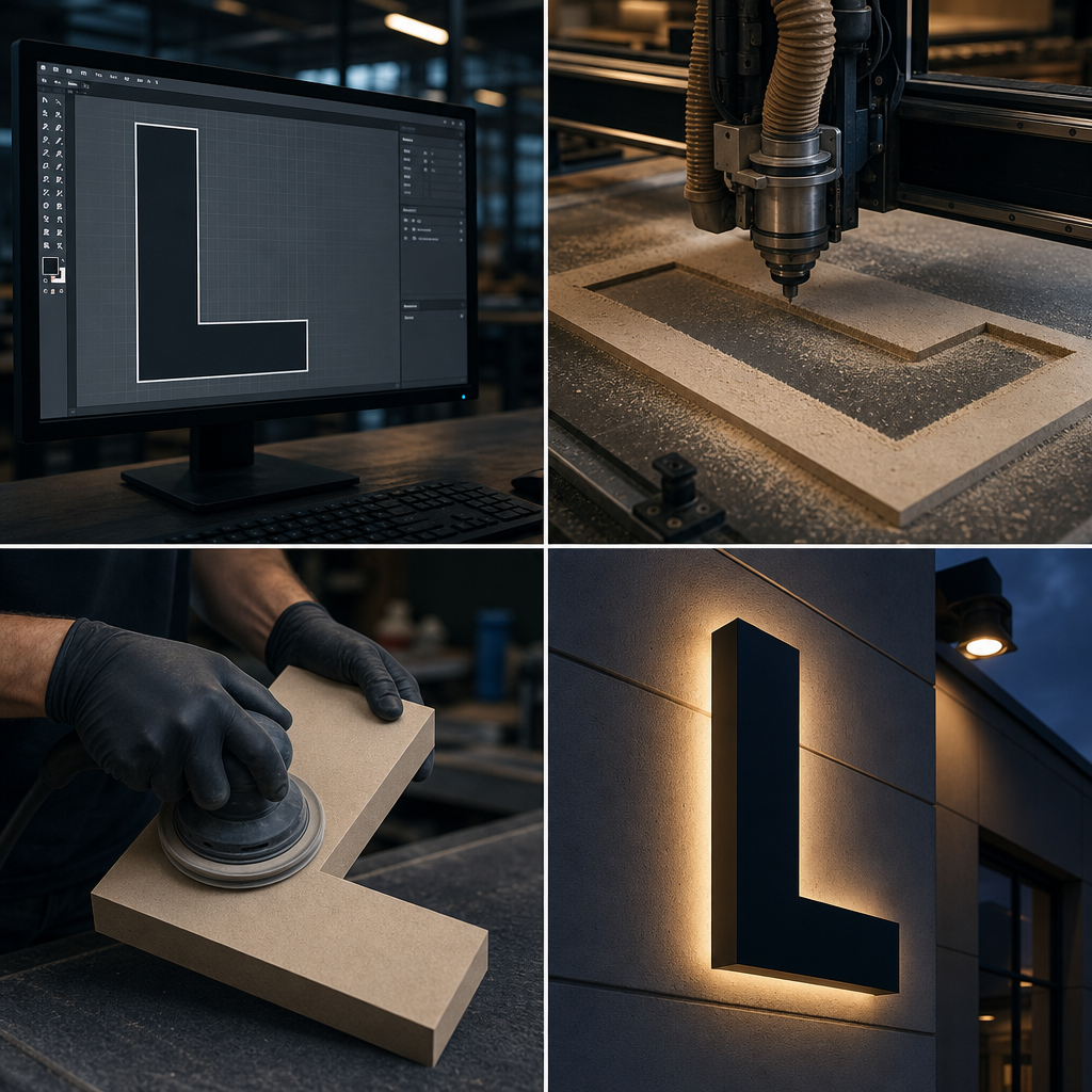 Process flow diagram from vector artwork file to finished installed sign letter