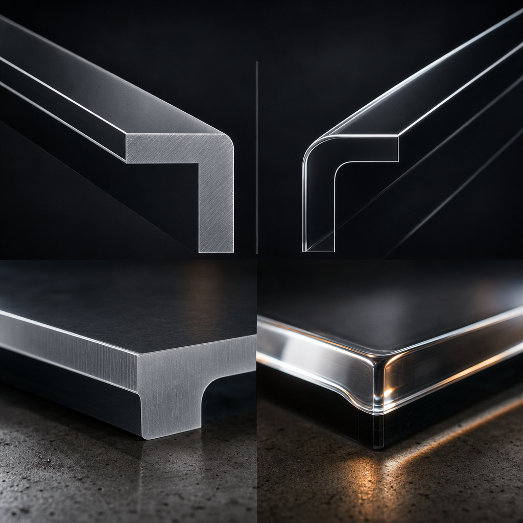 Cross-section diagram comparing a CNC-routed acrylic edge with a laser-cut acrylic edge