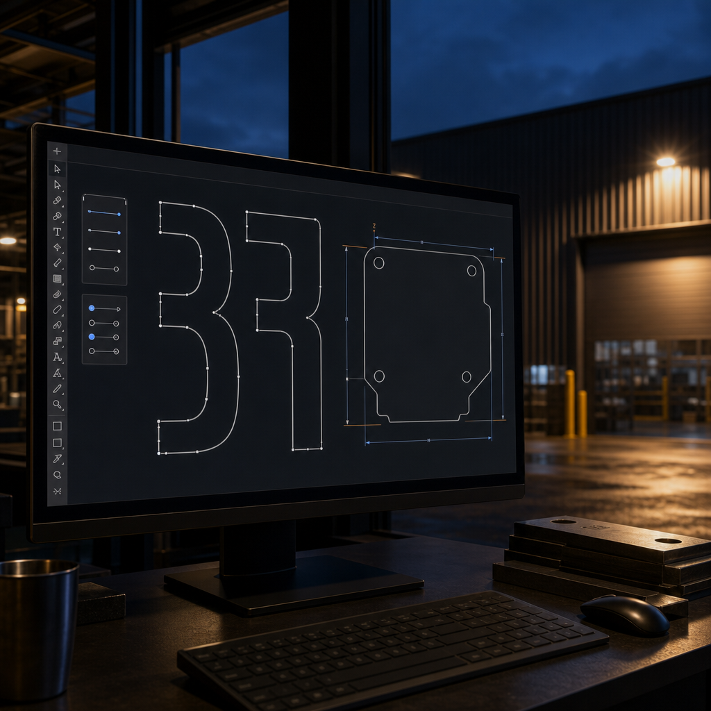 Vector artwork file with outlined text and stroke width annotations for CNC routing