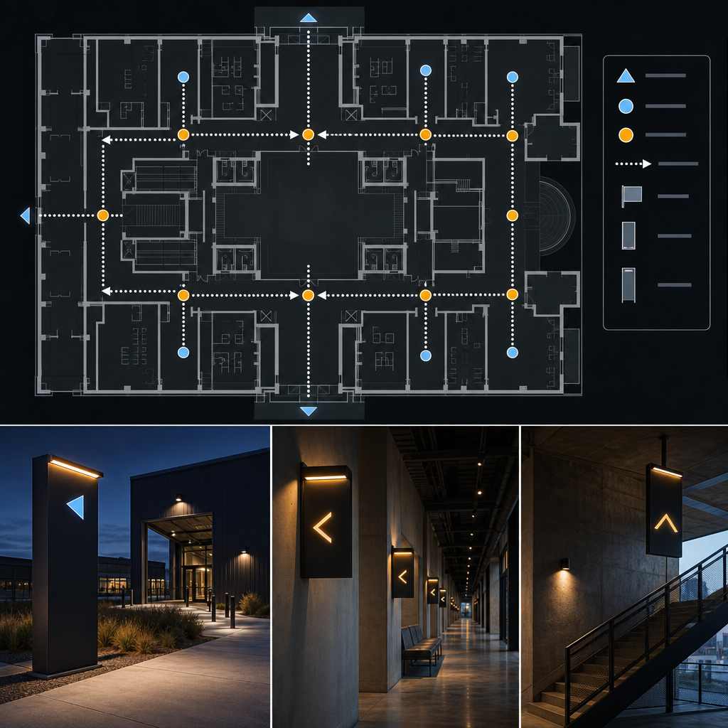 Floor plan with user routes and wayfinding sign locations