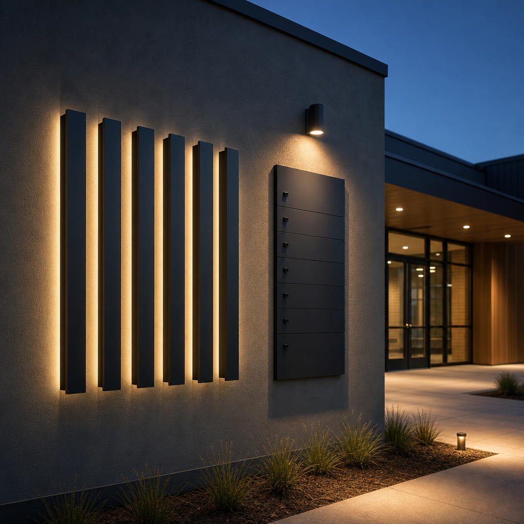 Laser cut building lettering and directory panel on a community hall facade