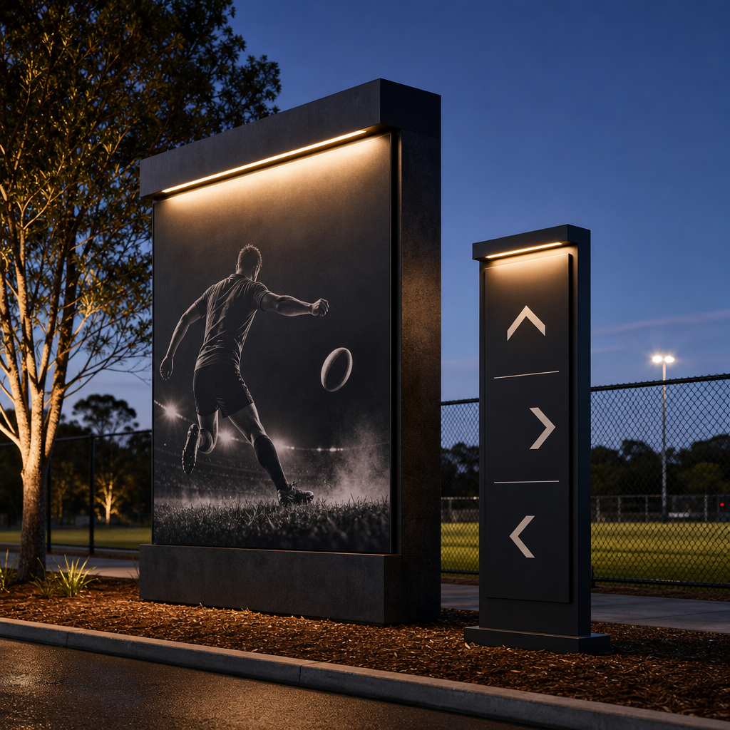Monument sign with sponsor panel at a sporting reserve entrance