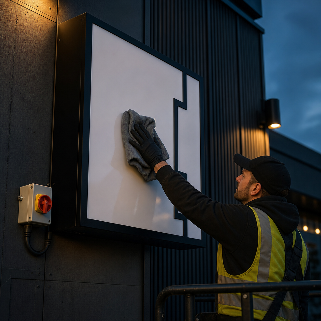 Technician cleaning an unlit acrylic sign face with a soft cloth