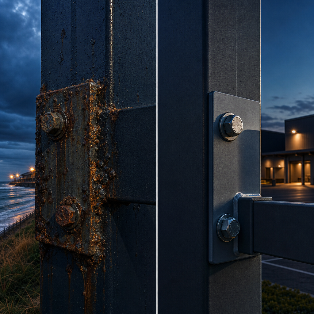 Comparison of a corroded coastal sign fixing bracket beside a sound inland bracket