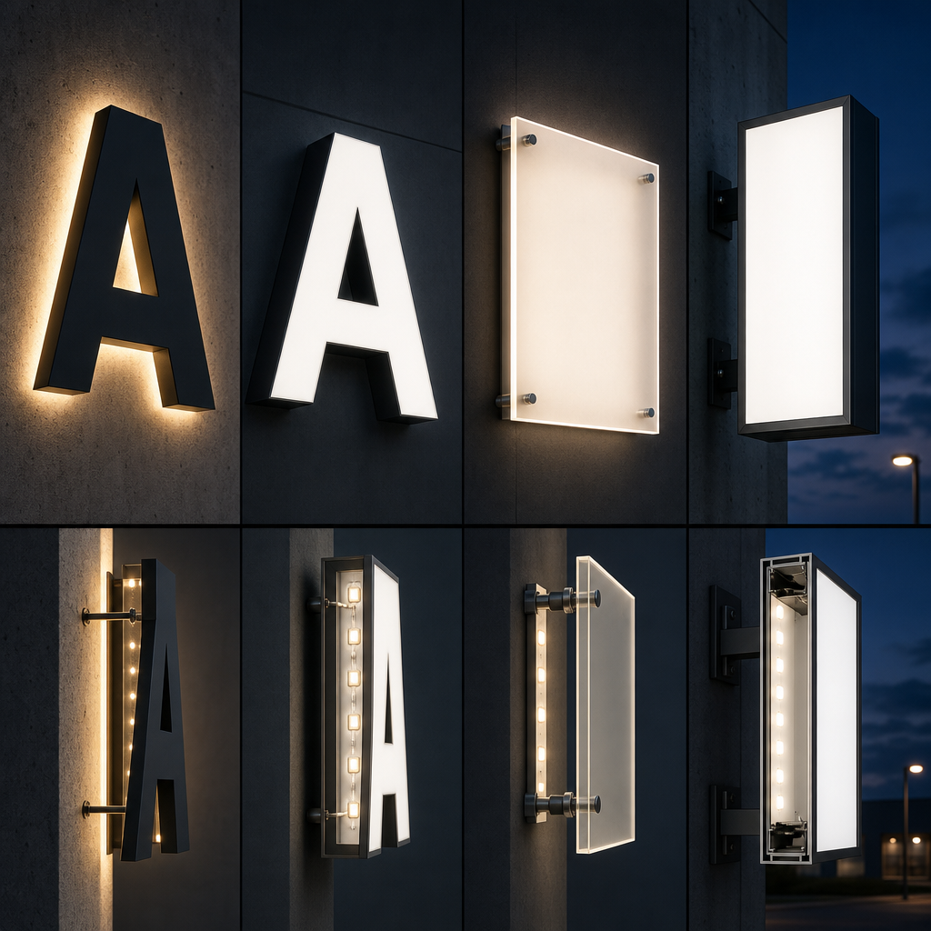 Diagram comparing halo-lit, face-lit, push-through acrylic and lightbox sign construction