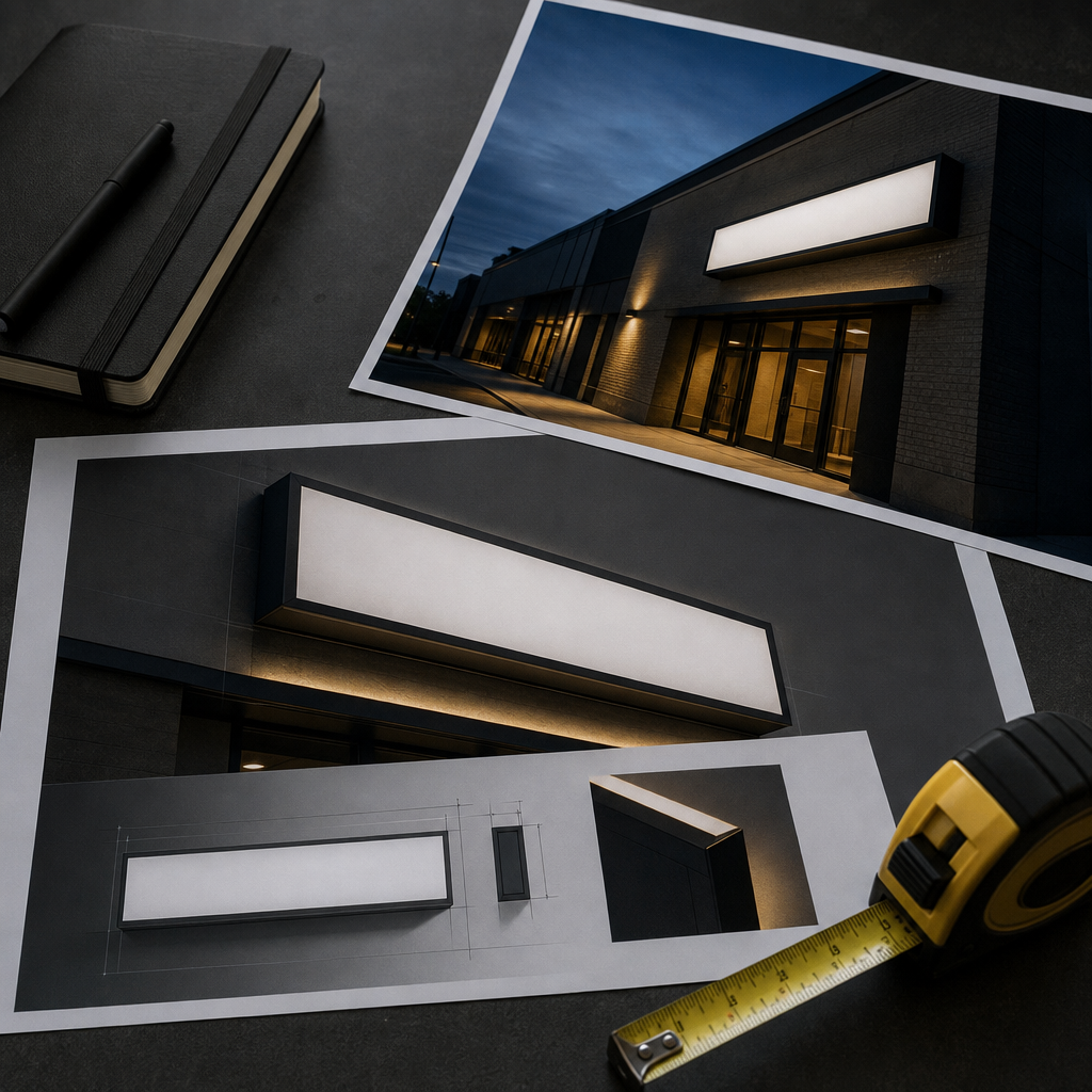 Scaled sign render and shopfront photo used during the design approval stage