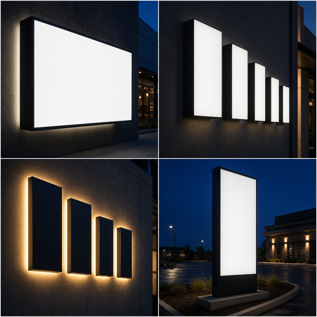 Comparison diagram of lightbox, face-lit, halo-lit and pylon illuminated sign types