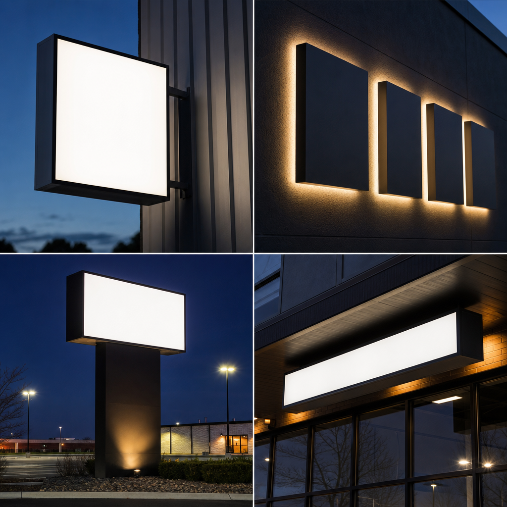 Comparison of four illuminated sign types: lightbox, halo-lit letters, pylon and under-awning sign