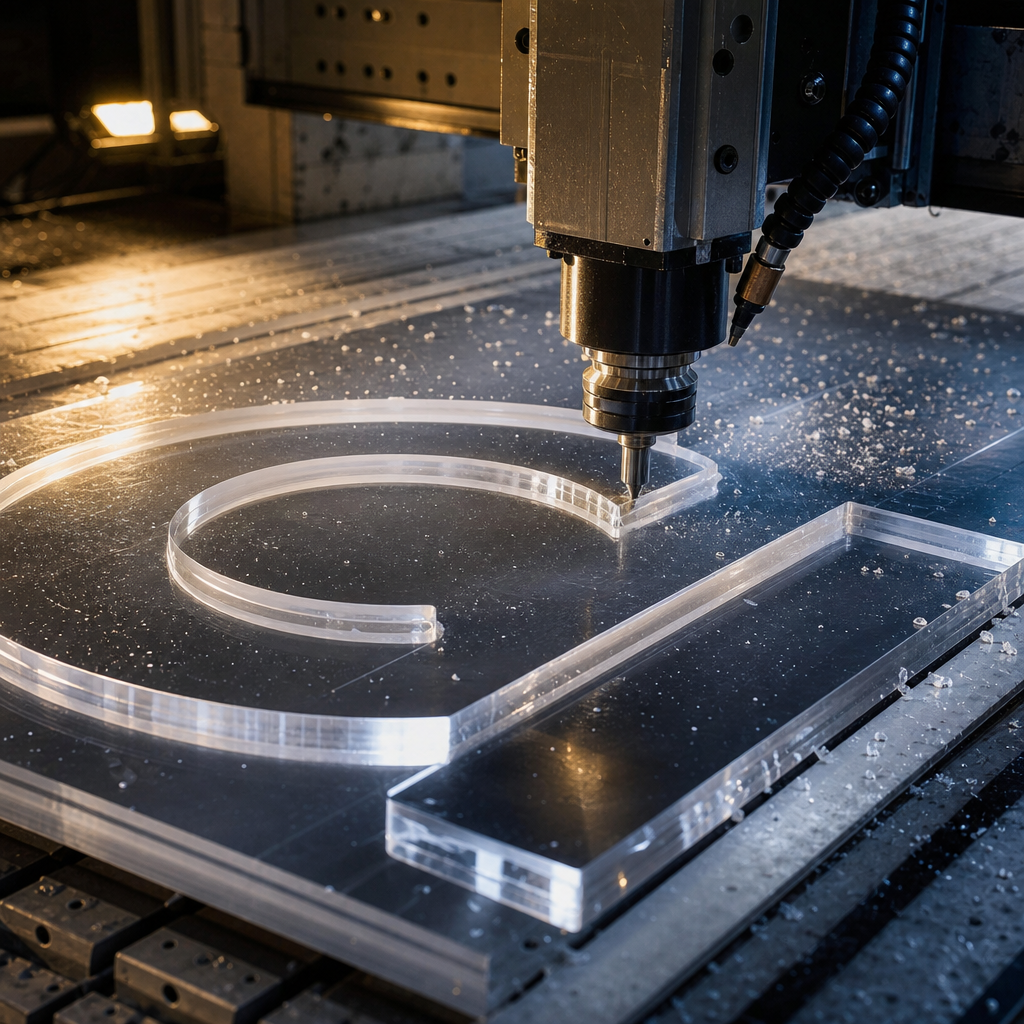 CNC router cutting an acrylic sign letter face in a fabrication workshop