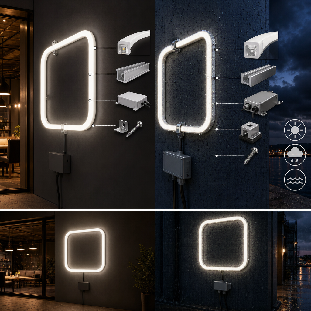 Diagram comparing the parts of an indoor and an outdoor LED neon sign