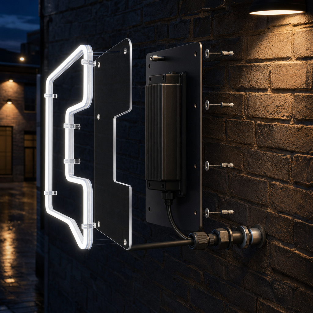 Exploded view of an outdoor LED neon sign showing sealed flex, backing, driver and fixings