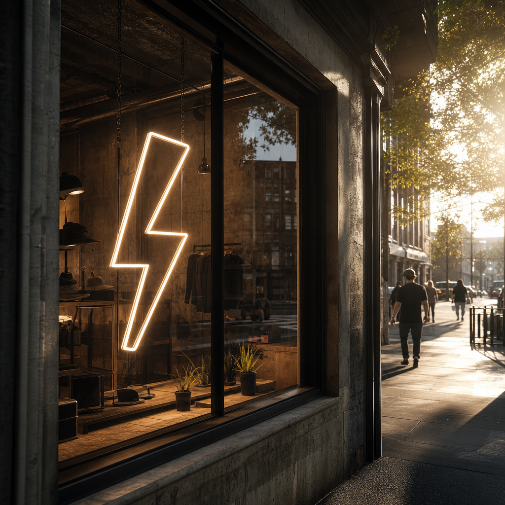 LED neon sign hanging inside a shop window with afternoon sun and people walking past outside
