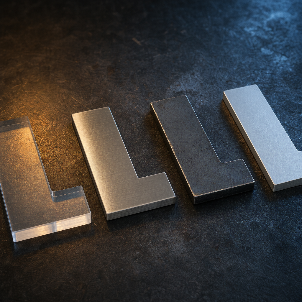 Sample laser cut letters in acrylic, stainless steel, mild steel and aluminium