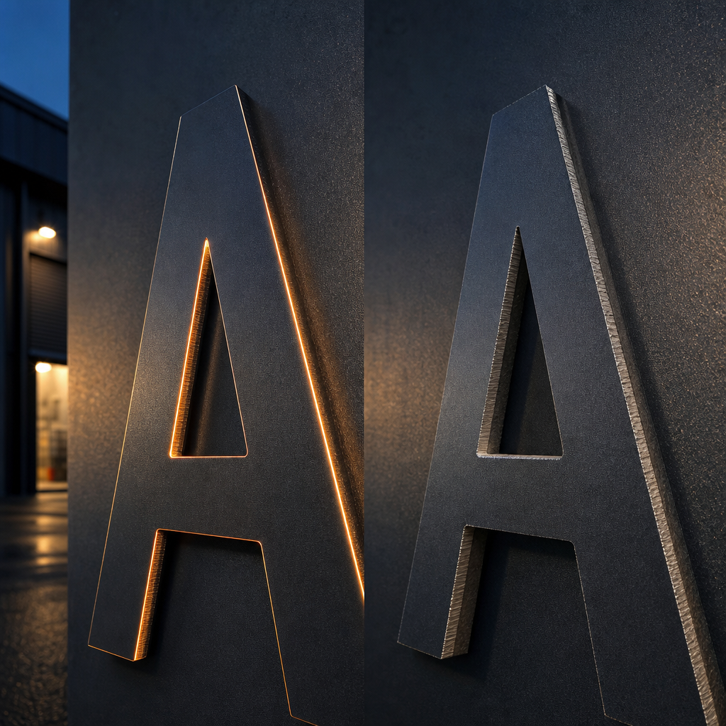 Close-up comparison of a laser cut edge versus a CNC routed edge on acrylic lettering