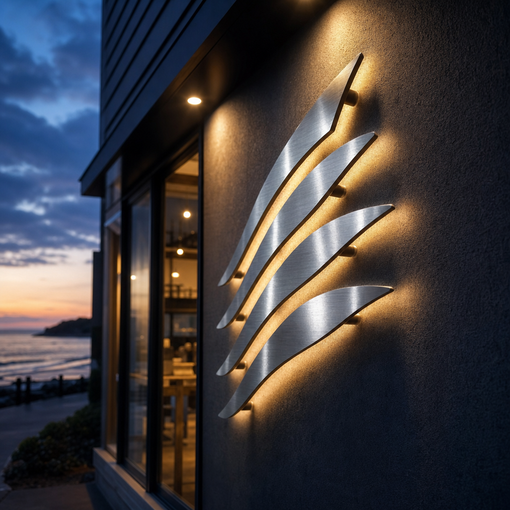 Stainless steel laser cut letters standoff-mounted on a coastal shopfront wall