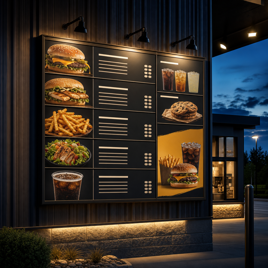 Menu board layout with clear categories, products and prices