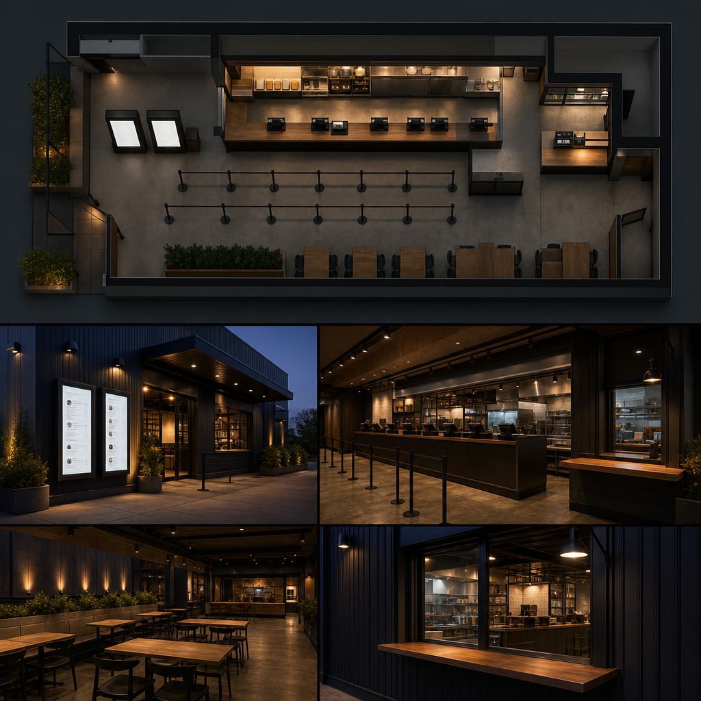 Hospitality venue plan showing menu board placement points