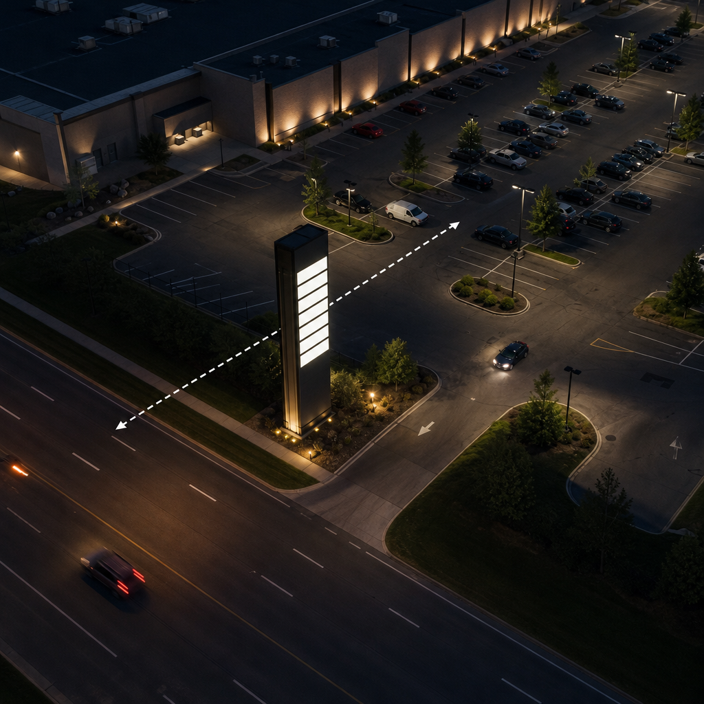 Site plan showing a roadside pylon visible to drivers while set-back shopfronts are hidden