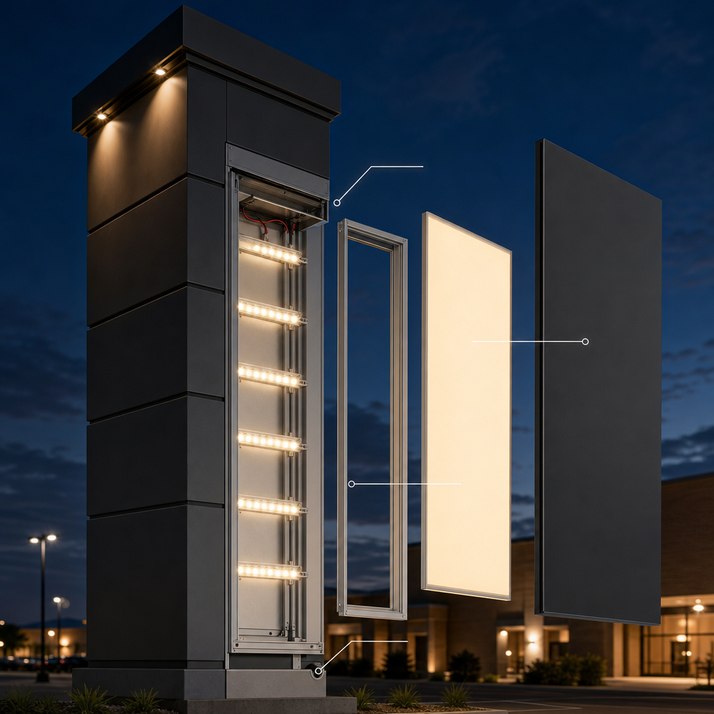 Cross-section of a lit pylon panel cabinet showing LED lighting and a slide-in removable face