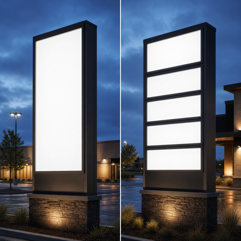 Diagram comparing single-site and multi-tenant pylon sign layouts