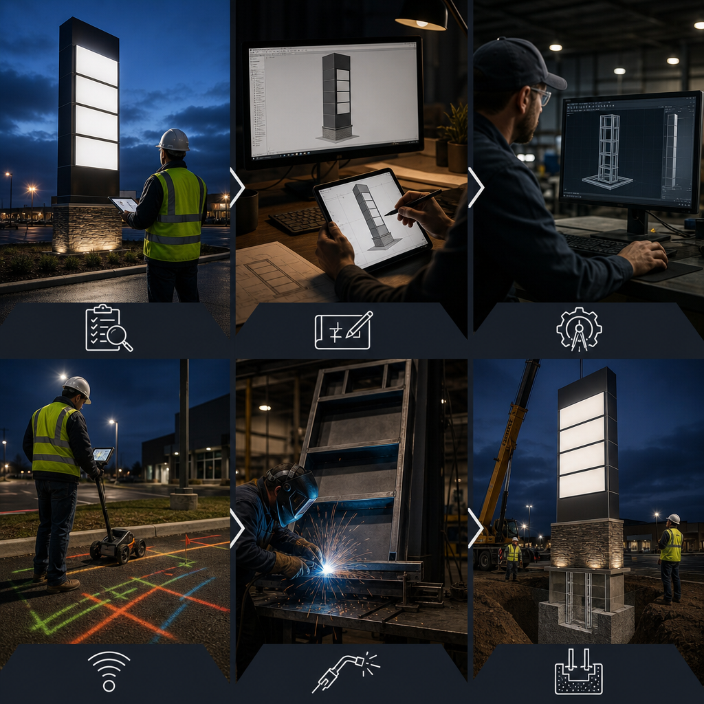 Process flow of pylon sign installation from site assessment to erection