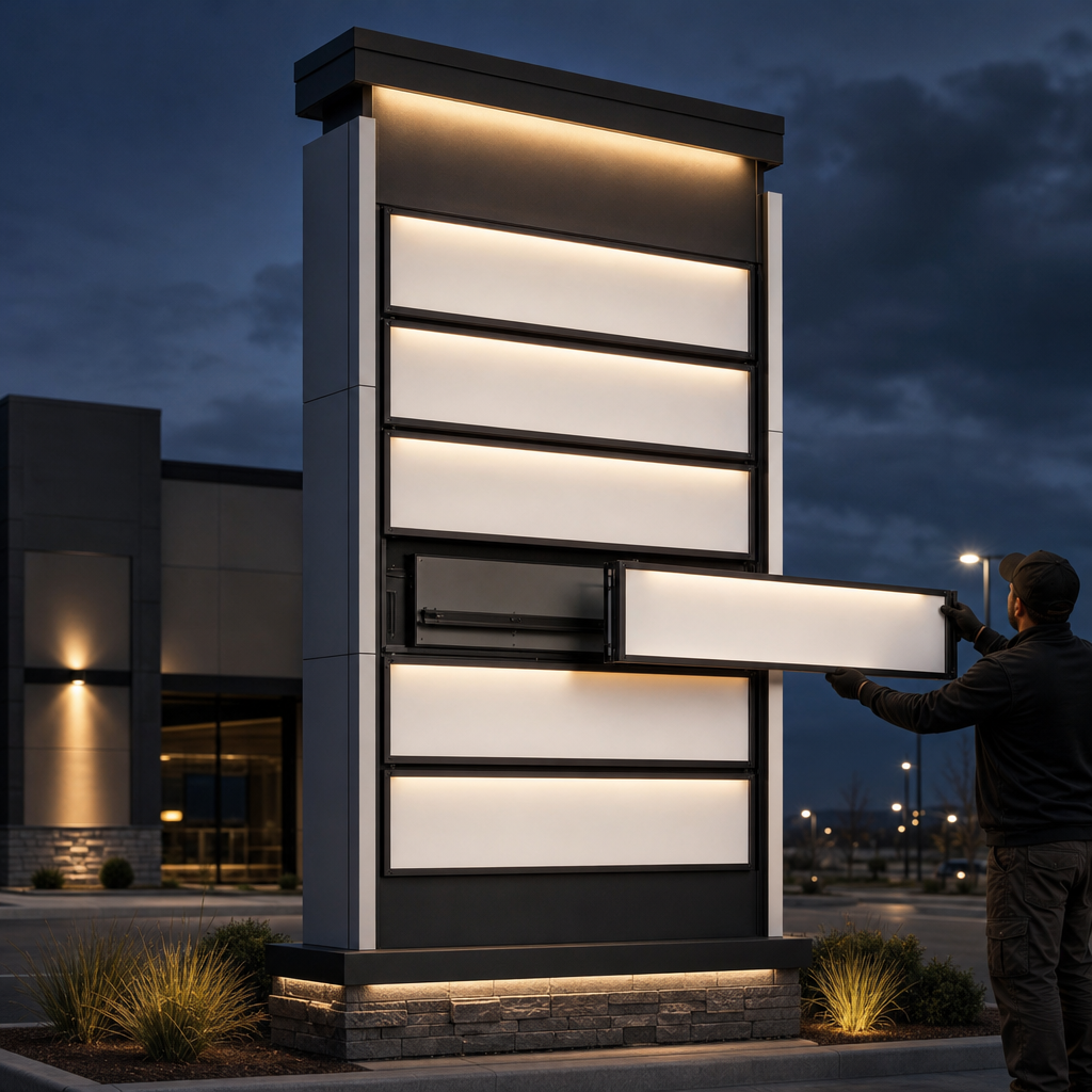 Multi-tenant pylon sign diagram with stacked panels and one panel being replaced