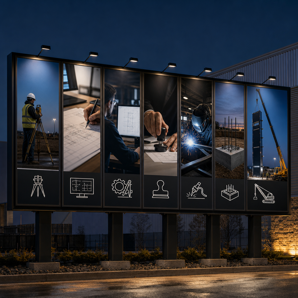 Process flow from site survey to crane installation of a pylon sign