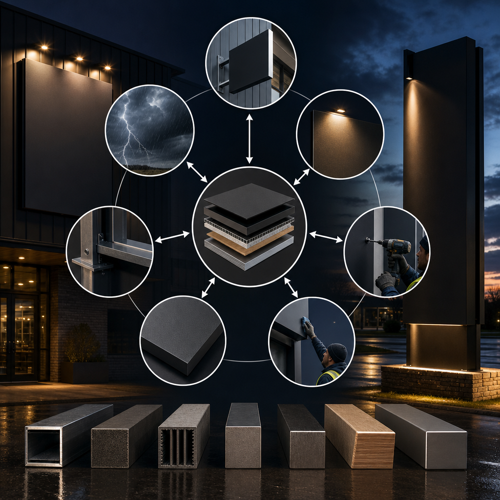 Sign material selection factors connected in a decision diagram