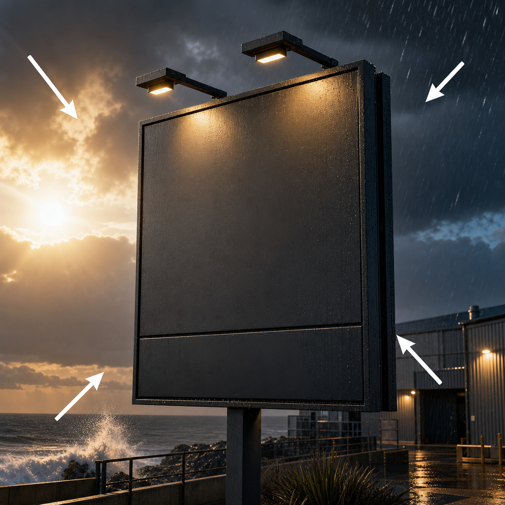 Outdoor sign exposed to coastal salt, sun, rain and wind