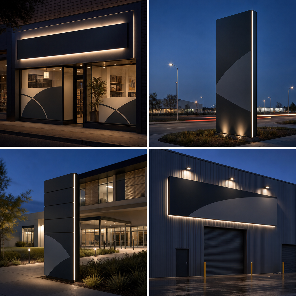 Four panels showing shopfront, pylon, medical and industrial sign types