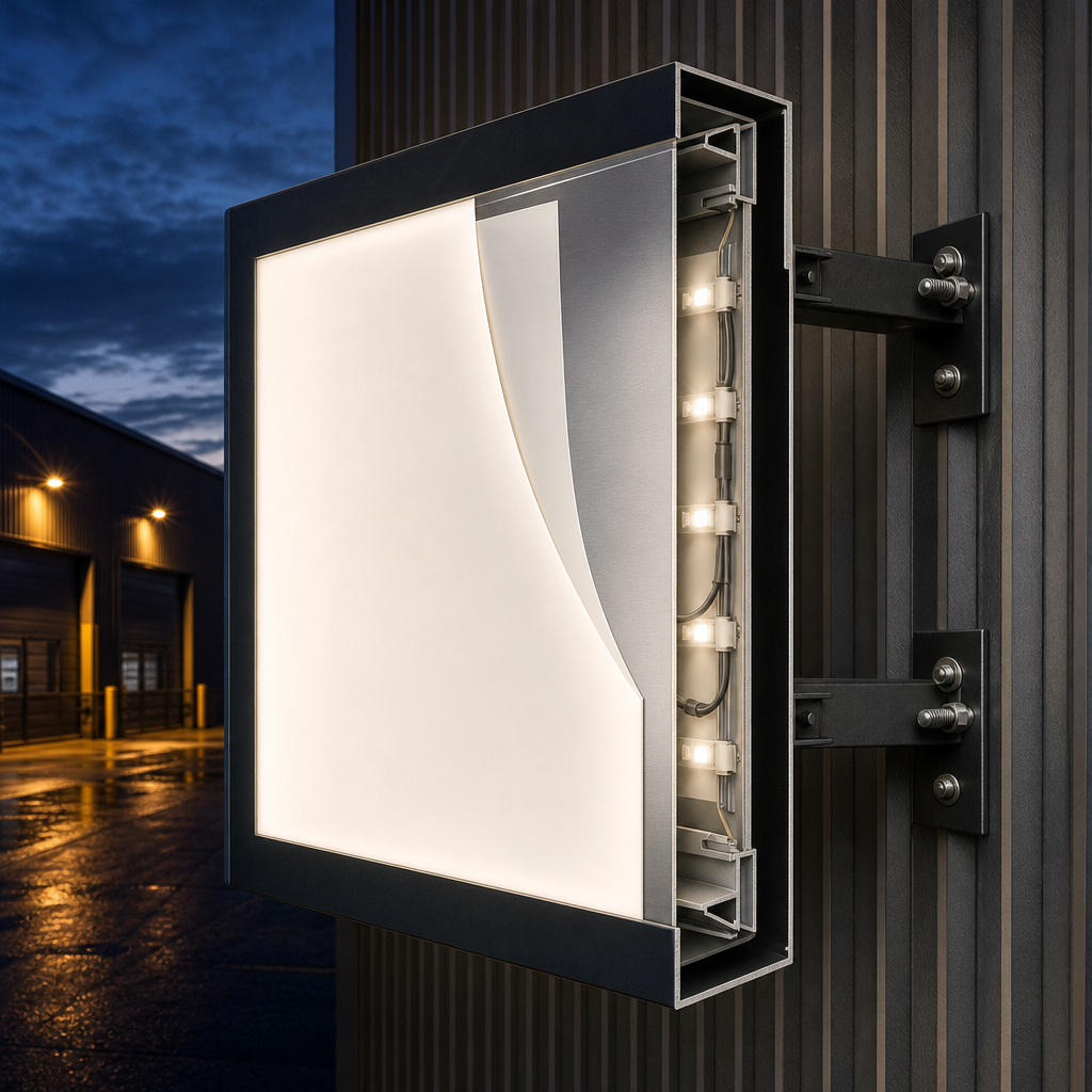 Cross-section diagram of an outdoor illuminated sign showing its material layers