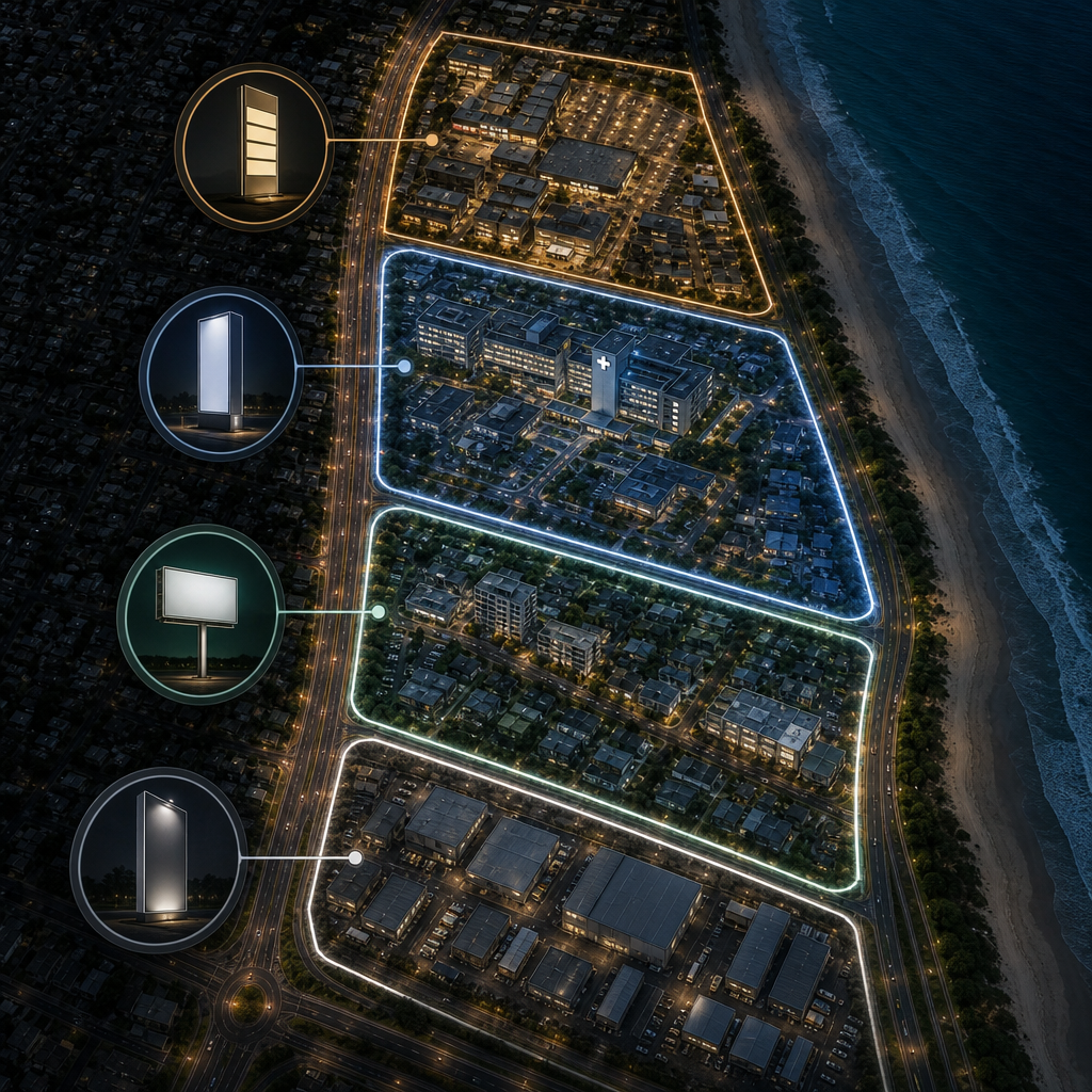 Map of the Kawana corridor showing four precincts, each marked with an icon of its typical sign type