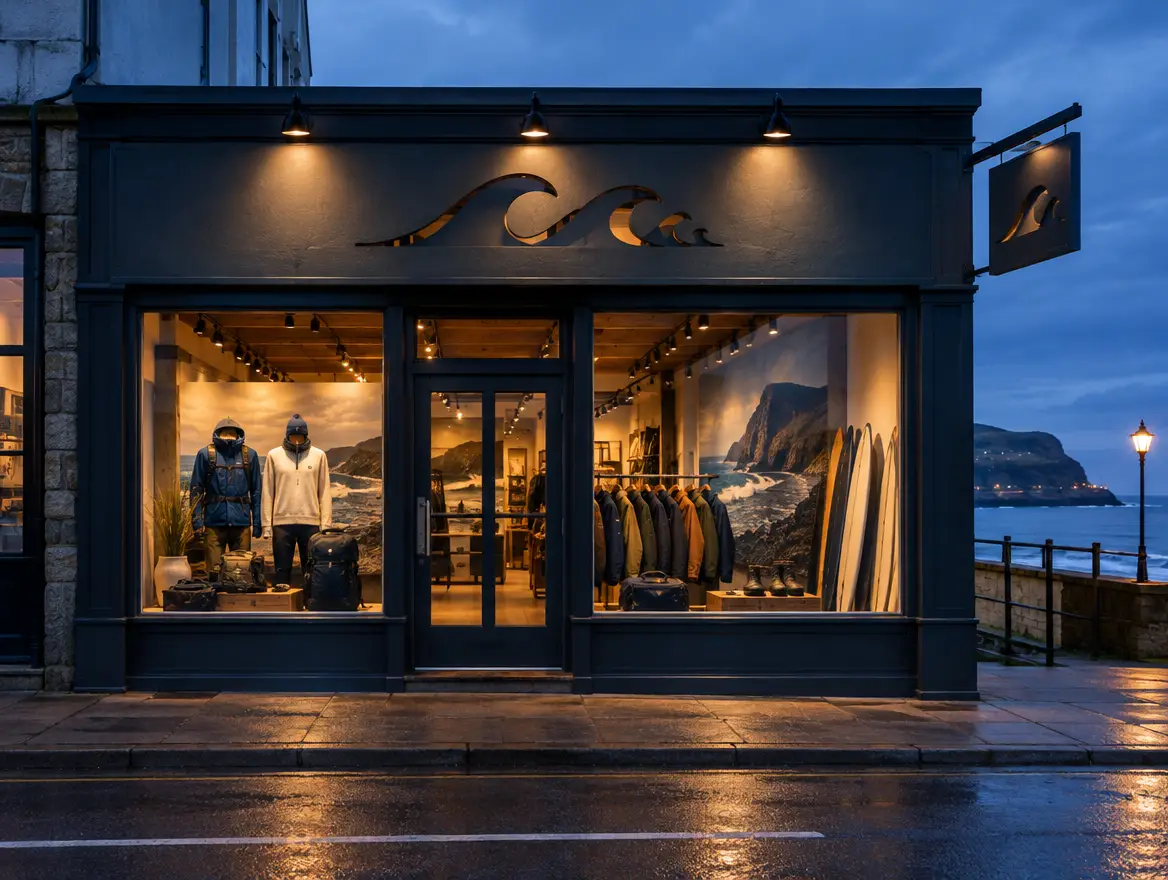 Coastal shop front with fascia sign, blade sign and window graphics