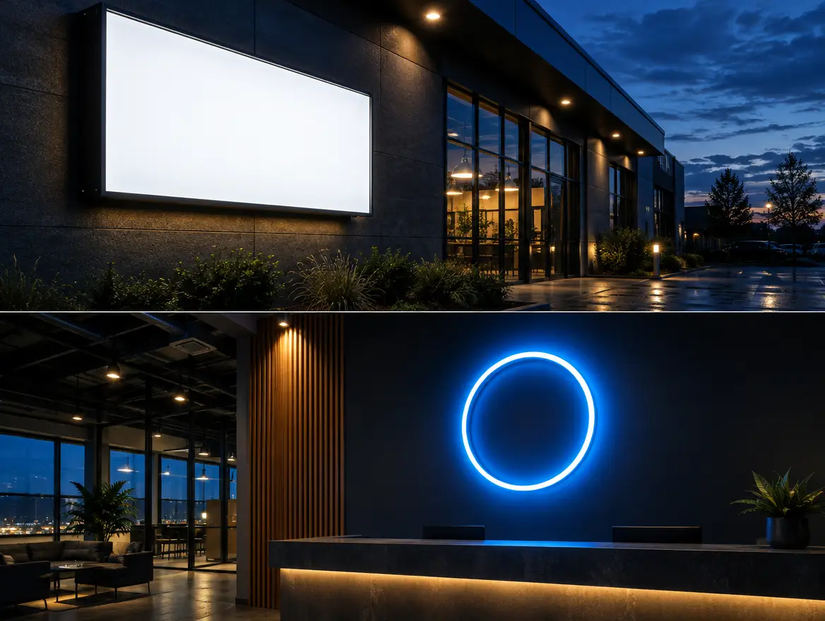 Illuminated lightbox sign beside an LED neon logo lit at night