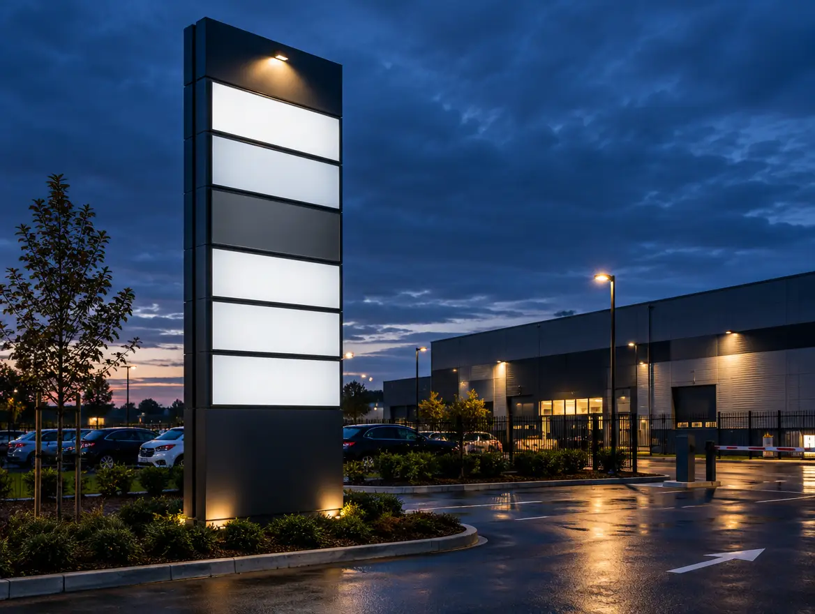 Multi-tenant pylon sign at a commercial site entrance