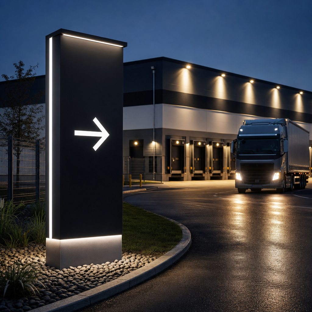 Courier depot pylon sign with illuminated fascia and driver check-in arrow