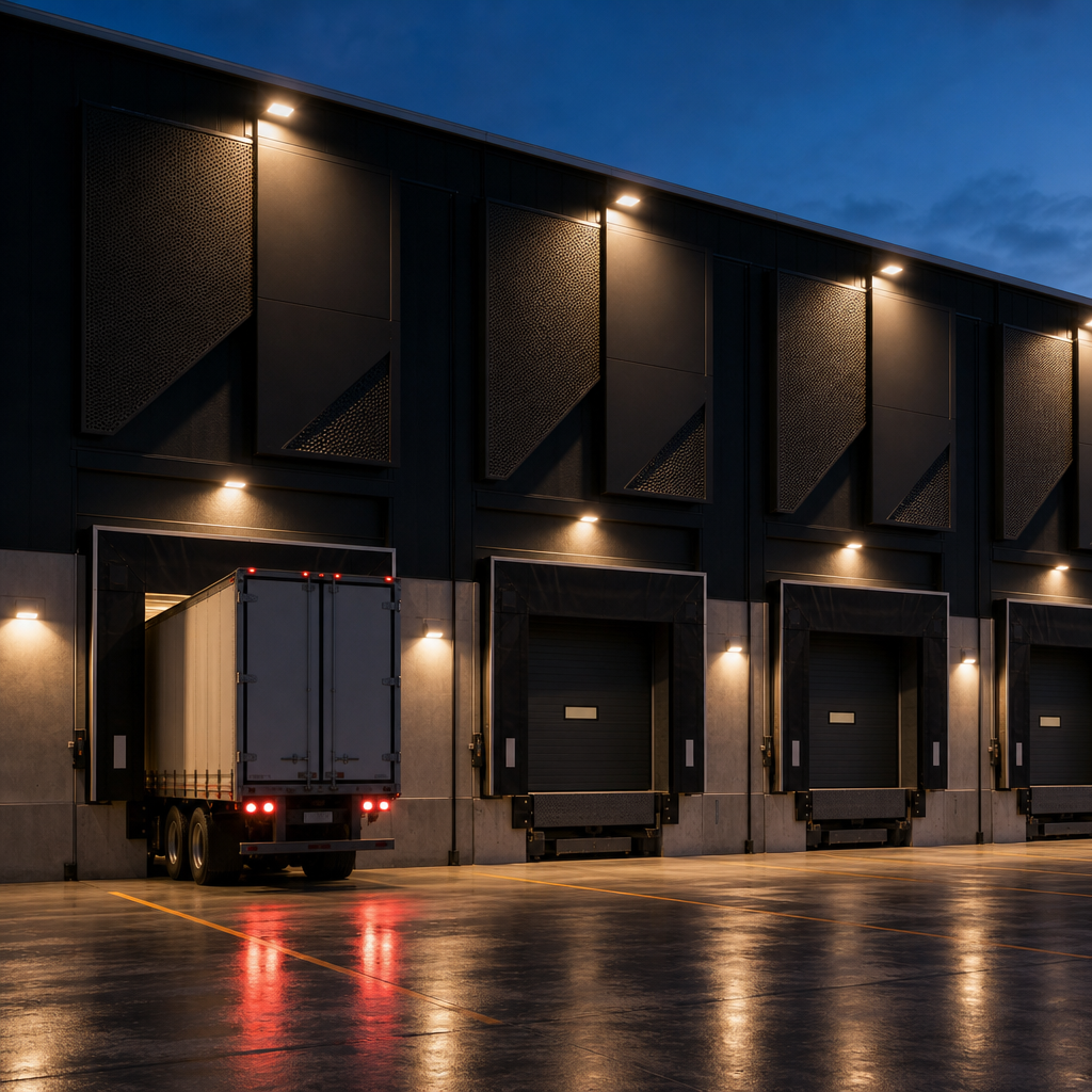Distribution centre loading docks labelled with large aluminium dock numbers