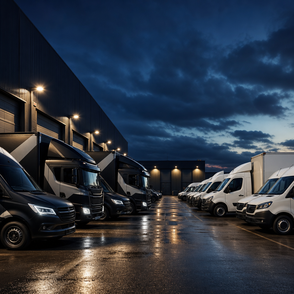 Fleet of delivery trucks showing staged vehicle wrap rebrand in progress
