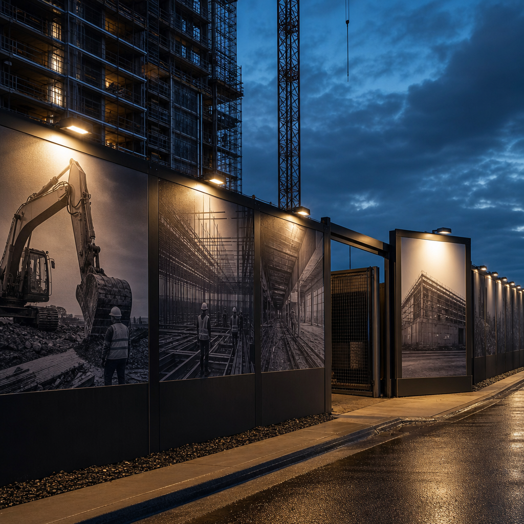 Large-format printed hoarding around a civil construction site perimeter fence