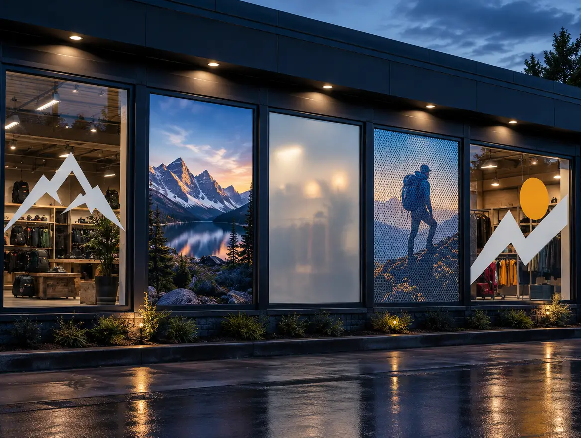 Five window panels showing cut vinyl, printed graphic, frosted film, perforated film and a promotional decal