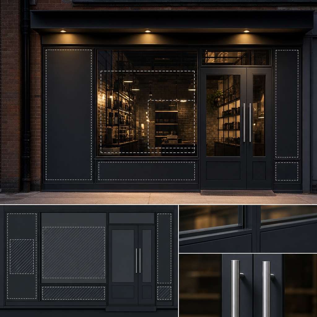 Shopfront graphic layout planned around frames, joins and door handles